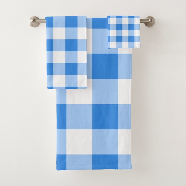 Blue & White Gingham Plaid Chequered Pattern Bath Towel Set (Insitu)