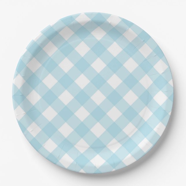 Blue & White Gingham Plaid Paper Plates (Front)