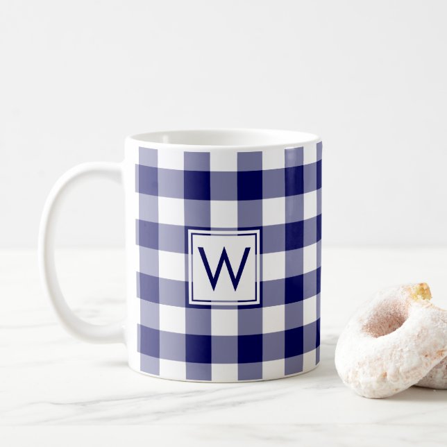 Blue White Gingham Plaid Pattern with Monogram Coffee Mug (With Donut)