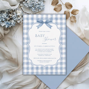 Blue White Gingham Whimsical Baby Shower Invitation