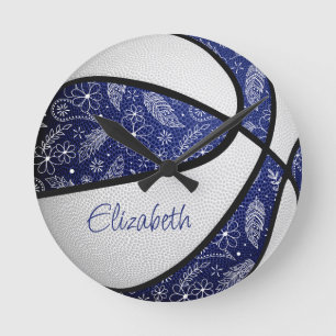 blue white girls boho feathers pattern basketball round clock