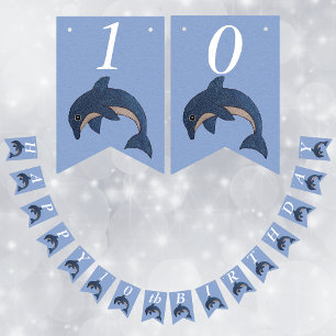 Blue White Glittery Jumping Birthday Dolphin Bunting