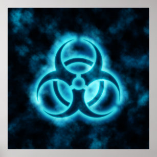 Blue-White Glow Biohazard Symbol Poster