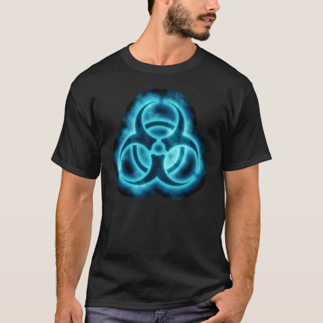Blue-White Glow Biohazard Symbol T-Shirt (Front)
