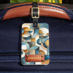 Blue White Gold Abstract Geometric Art Luggage Tag