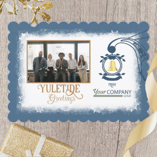 Blue, White, Gold Bell Company Christmas Photo Holiday Card