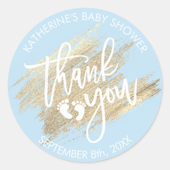 Blue White Gold Brush Stroke Baby Shower Classic Round Sticker (Front)