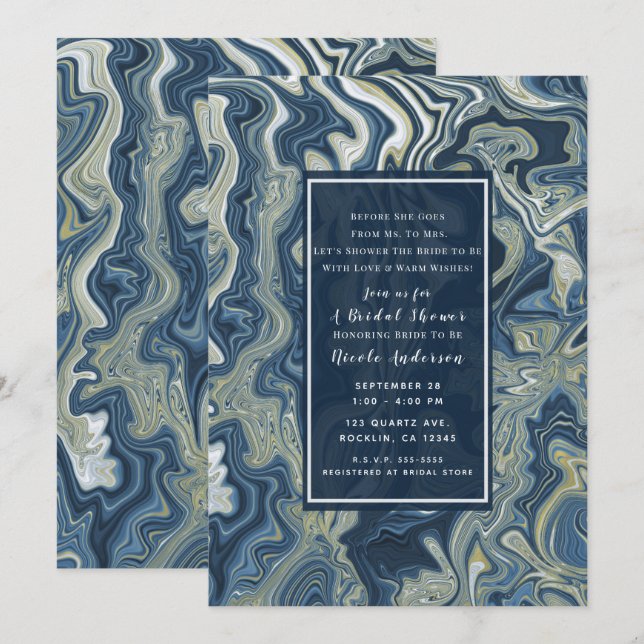 Blue White Gold Chic Swirl Modern Bridal Shower Invitation (Front/Back)