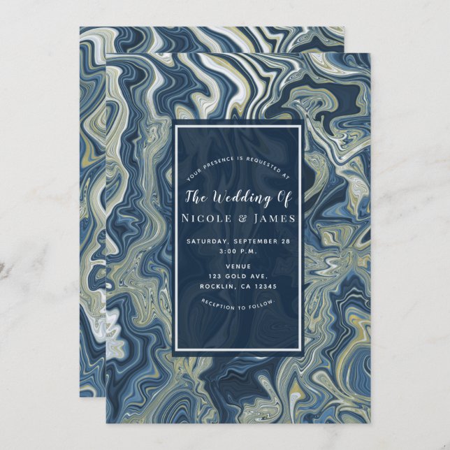Blue White Gold Chic Swirl Modern Wedding Invitation (Front/Back)