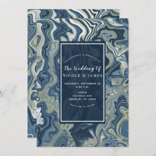 Blue White Gold Chic Swirl Modern Wedding Invitation