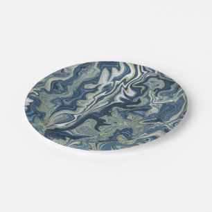 Blue White Gold Chic Swirl Modern Wedding Paper Plate