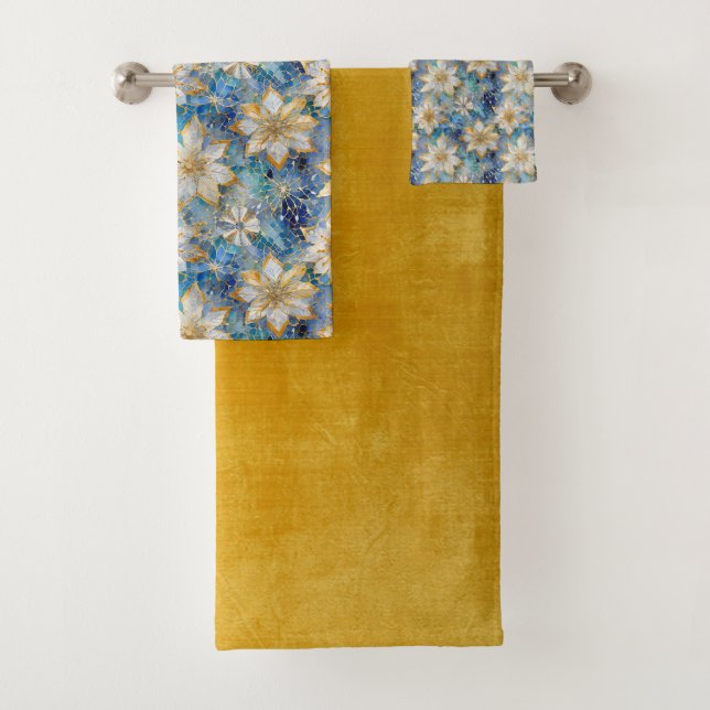 Blue White Gold Christmas Poinsettias Bath Towel Set (Insitu)