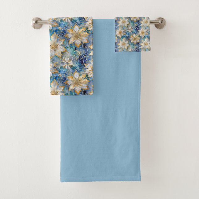 Blue White Gold Christmas Poinsettias Bath Towel Set (Insitu)