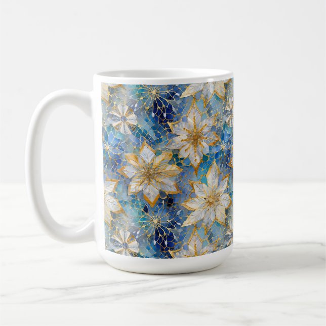 Blue White Gold Christmas Poinsettias Coffee Mug (Left)