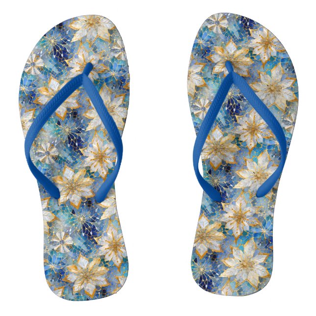 Blue White Gold Christmas Poinsettias Flip Flops (Footbed)