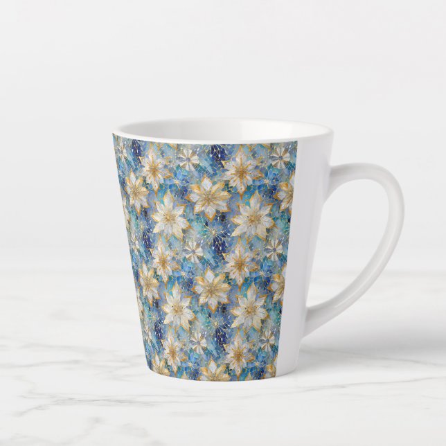 Blue White Gold Christmas Poinsettias Latte Mug (Right)