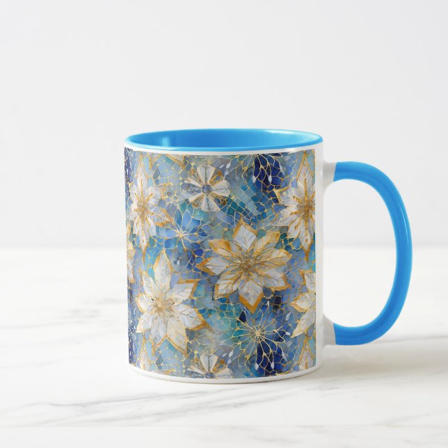 Blue White Gold Christmas Poinsettias Mug (Right)