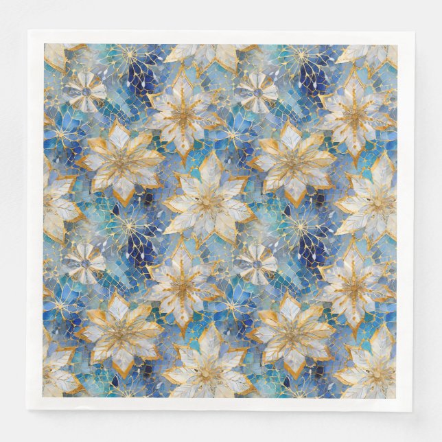 Blue White Gold Christmas Poinsettias Napkin (Front)