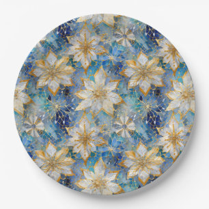 Blue White Gold Christmas Poinsettias Paper Plate
