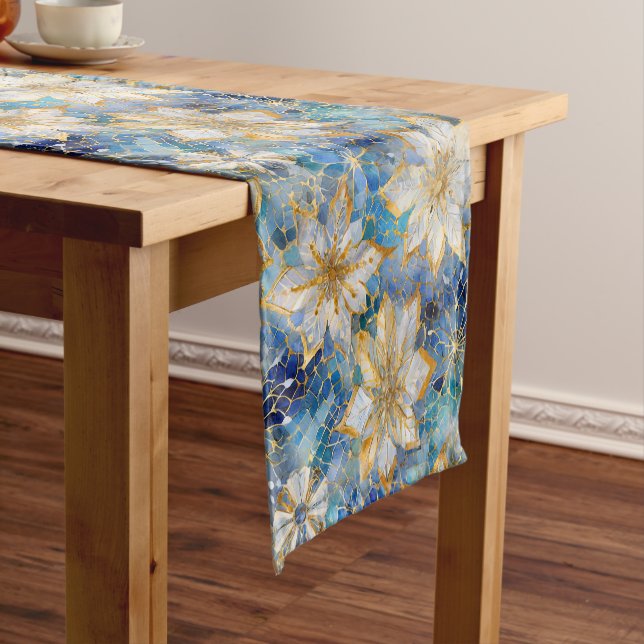 Blue White Gold Christmas Poinsettias Short Table Runner (In Situ)