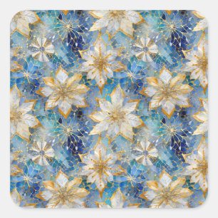 Blue White Gold Christmas Poinsettias Square Sticker