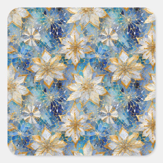 Blue White Gold Christmas Poinsettias Square Sticker (Front)