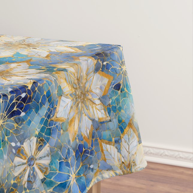 Blue White Gold Christmas Poinsettias Tablecloth (In Situ)