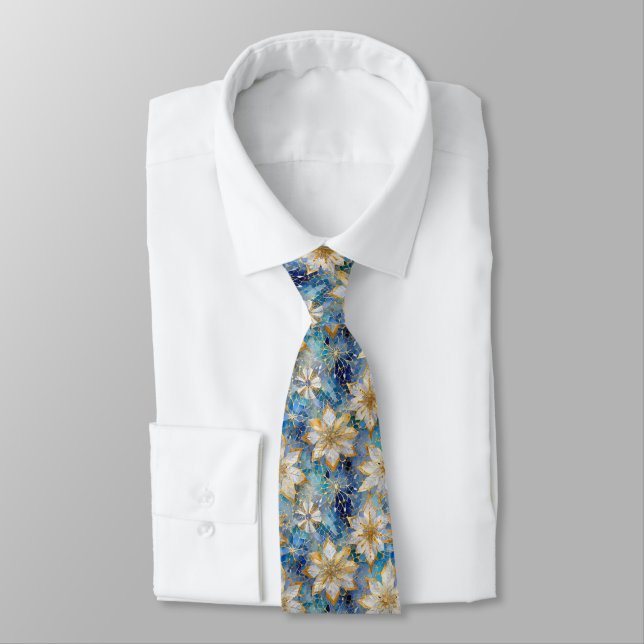 Blue White Gold Christmas Poinsettias Tie (Tied)