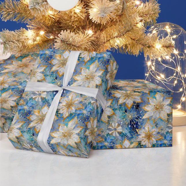 Blue White Gold Christmas Poinsettias Wrapping Paper (Holidays)