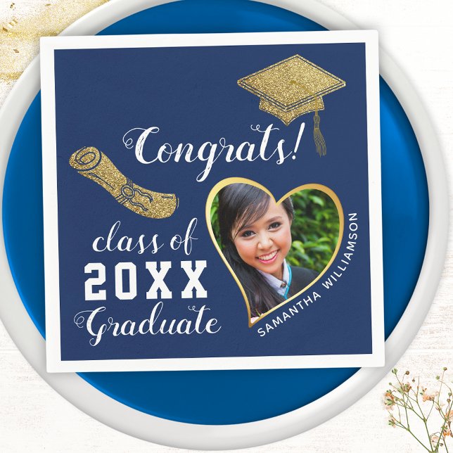 Blue White Gold Class 2026 Grad Photo Graduation Napkin (Creator Uploaded)