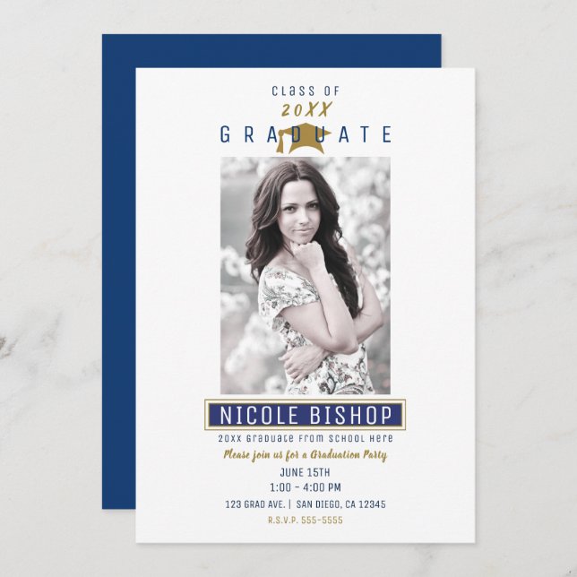 Blue White Gold Colours Photo Graduation Party   Invitation (Front/Back)