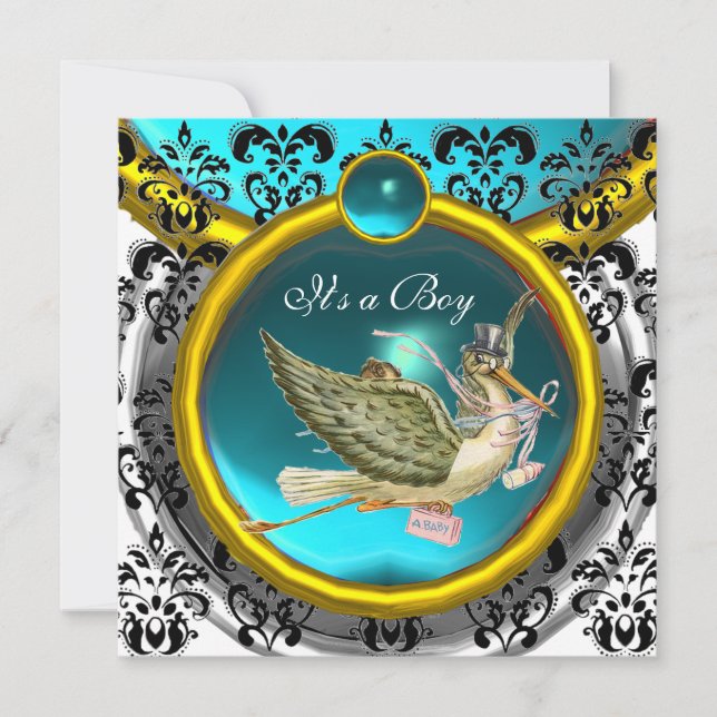 BLUE WHITE GOLD DAMASK STORK BABY SHOWER MONOGRAM INVITATION (Front)