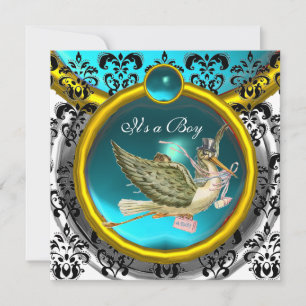 BLUE WHITE GOLD DAMASK STORK BABY SHOWER MONOGRAM INVITATION