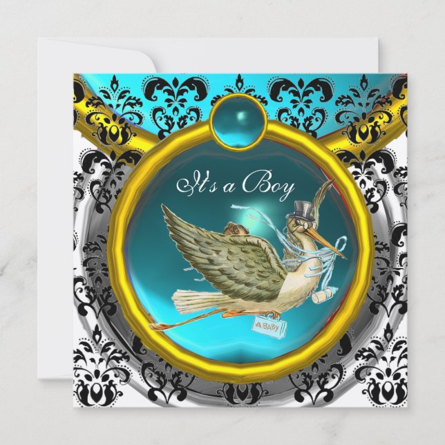 BLUE WHITE GOLD DAMASK STORK BABY SHOWER MONOGRAM INVITATION (Front)