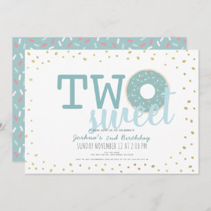 Blue White Gold Doughnut Two Sweet Boy 2nd Birthda Invitation