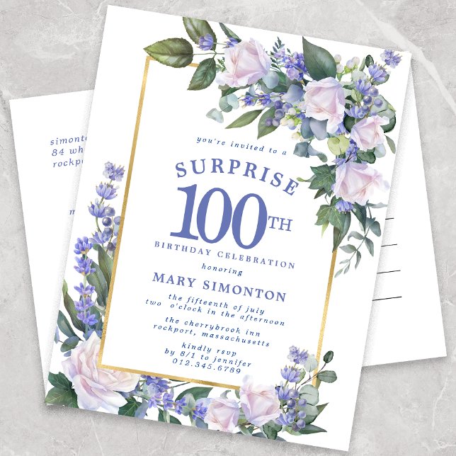 Blue White Gold Floral 100th Surprise Birthday Invitation Postcard (Creator Uploaded)