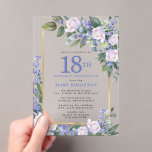 Blue White Gold Floral 18TH Birthday Acrylic Invitations<br><div class="desc">Honour a special woman with this elegant and feminine 18th Birthday party invitation. 18th is written in large blue text. Birthday celebration follows. The honoured guest's name is also in blue capital letters. The remainder of the text is soft dove grey. The birthday celebration details are surrounded by a chic...</div>