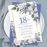 Blue White Gold Floral 18th Birthday Invitation<br><div class="desc">Honour a special woman with this elegant and feminine 18th Birthday party invitation. 18th is written in large blue text. Birthday celebration follows. The honoured guest's name is also in blue capital letters. The remainder of the text is soft dove grey. The birthday celebration details are surrounded by a chic...</div>
