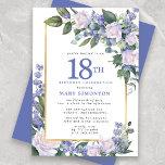 Blue White Gold Floral 18th Birthday Invitation<br><div class="desc">Honour a special woman with this elegant and feminine 18th Birthday party invitation. 18th is written in large blue text. Birthday celebration follows. The honoured guest's name is also in blue capital letters. The remainder of the text is soft dove grey. The birthday celebration details are surrounded by a chic...</div>
