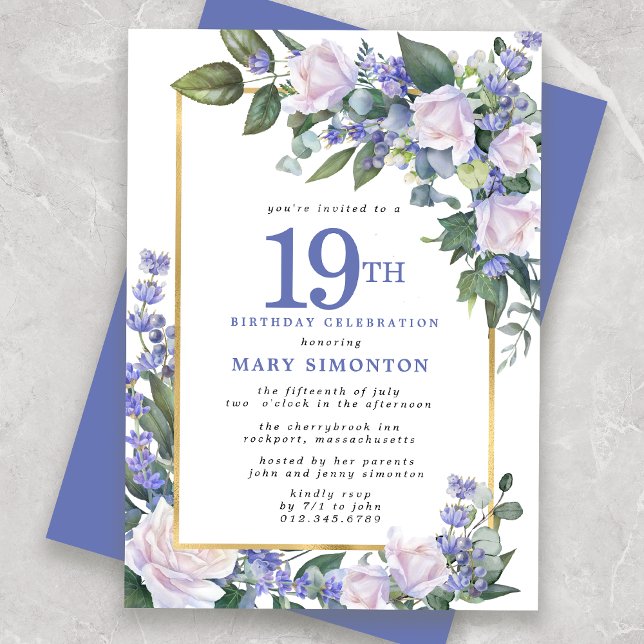Blue White Gold Floral 19th Birthday Invitation (Creator Uploaded)