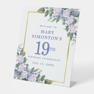 Blue White Gold Floral 19th Birthday Welcome Pedestal Sign