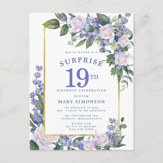 Blue White Gold Floral 19th Surprise Birthday Invitation Postcard (Front)