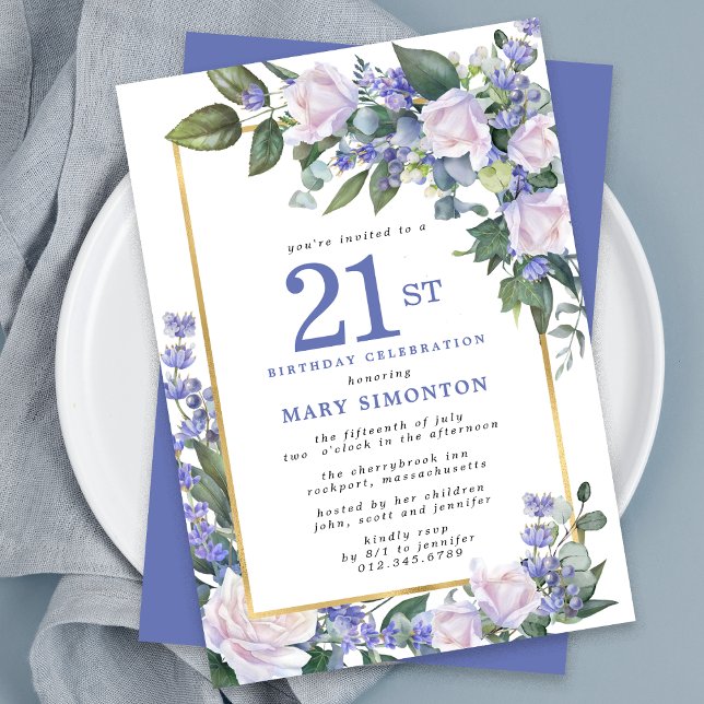 Blue White Gold Floral 21st Birthday Invitation (Creator Uploaded)