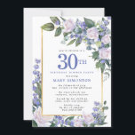 Blue White Gold Floral 30th Birthday Dinner Invitation<br><div class="desc">Honour a special woman with this elegant and feminine 30th Birthday Dinner invitation. 30th is written in large blue text. Birthday celebration follows. The honoured guest's name is also in blue capital letters. The remainder of the text is soft dove grey. The birthday celebration details are surrounded by a chic...</div>