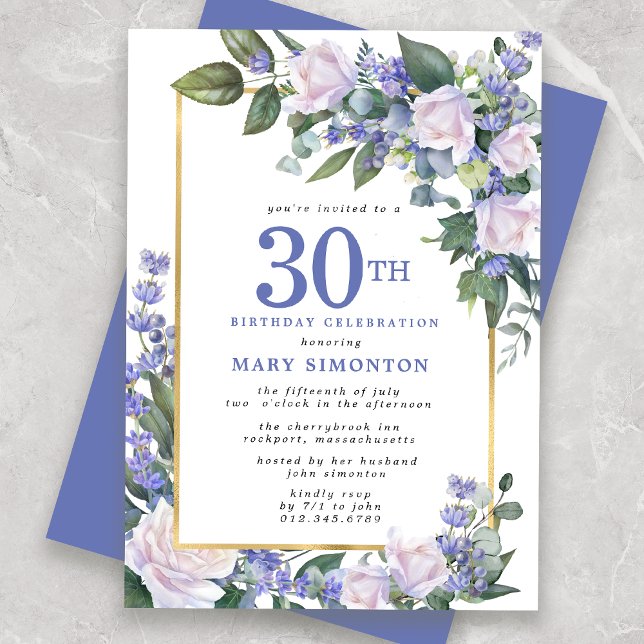 Blue White Gold Floral 30th Birthday Invitation (Creator Uploaded)