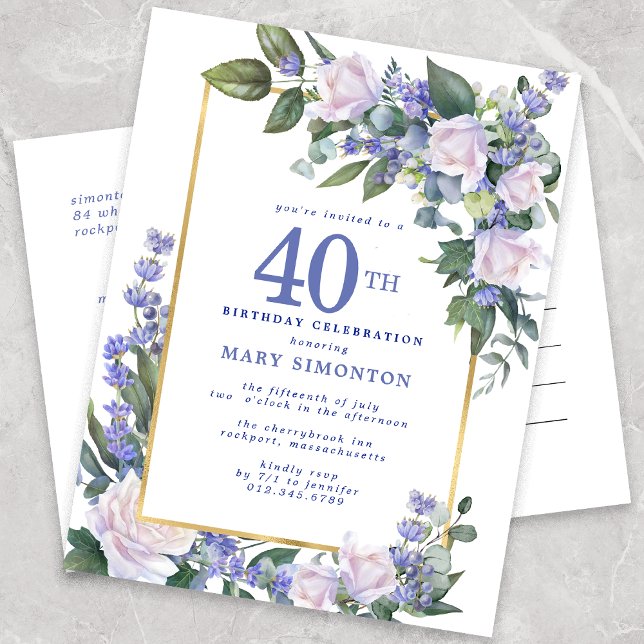 Blue White Gold Floral 40th Birthday Party  Invitation Postcard (Creator Uploaded)