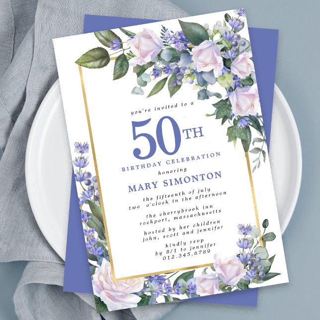 Blue White Gold Floral 50th Birthday Invitation (Creator Uploaded)