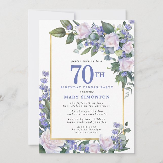 Blue White Gold Floral 70th Birthday Dinner Invitation (Front)
