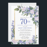 Blue White Gold Floral 70th Birthday Dinner Invitation<br><div class="desc">Honour a special woman with this elegant and feminine 70th Birthday Dinner invitation. 70th is written in large blue text. Birthday celebration follows. The honoured guest's name is also in blue capital letters. The remainder of the text is soft dove grey. The birthday celebration details are surrounded by a chic...</div>