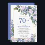 Blue White Gold Floral 70th Birthday Invitation<br><div class="desc">Honour a special woman with this elegant and feminine 70th Birthday party invitation. 70th is written in large blue text. Birthday celebration follows. The honoured guest's name is also in blue capital letters. The remainder of the text is soft dove grey. The birthday celebration details are surrounded by a chic...</div>